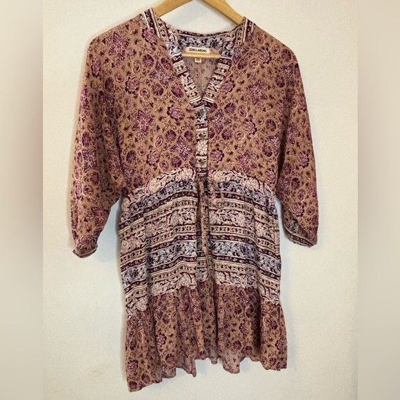 Billabong Marry Mine Floral Oversized Boho Babydoll Mini Swing Dress - Picture 2 of 9